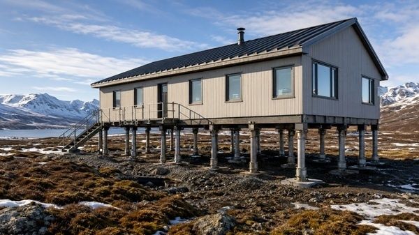 Raised building supported by concrete piles in a snowy mountain landscape
